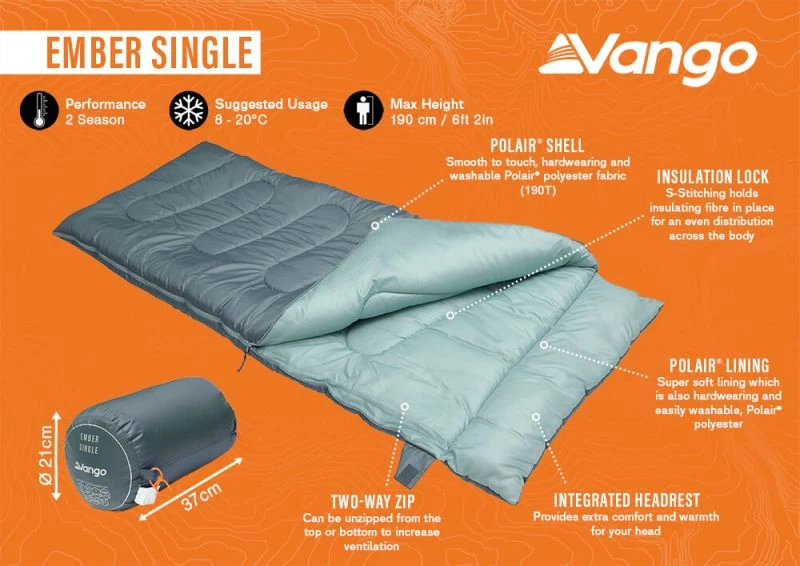 Vango Ember Single Sleeping Bag - Mineral Green 2 Vango Ember Single Sleeping Bag - Mineral Green - Image 2